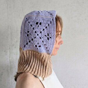 Handmade Crochet Balaclava Granny Square Bonnet Lilac Beige OS